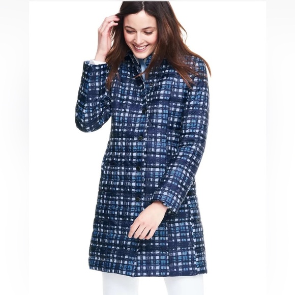 Lands End Blue Plaid Lightweight Primaloft Mid Length Coat Women’s Size 8 - Picture 2 of 12